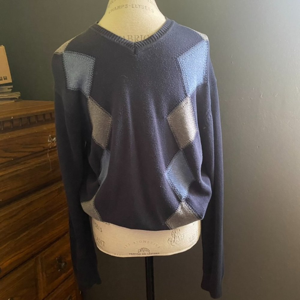 Vintage International Waters navy knit argyle/diamond design sweater sz M